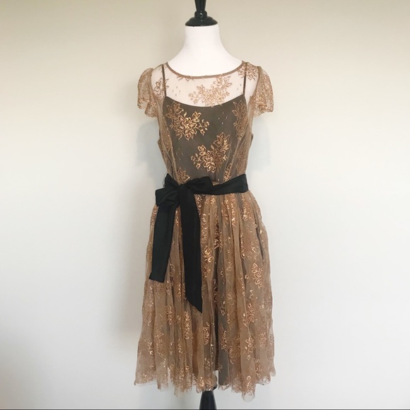 Anthro Moulinette Soeurs Gold Lace Overlay Dress - Picture 3 of 8